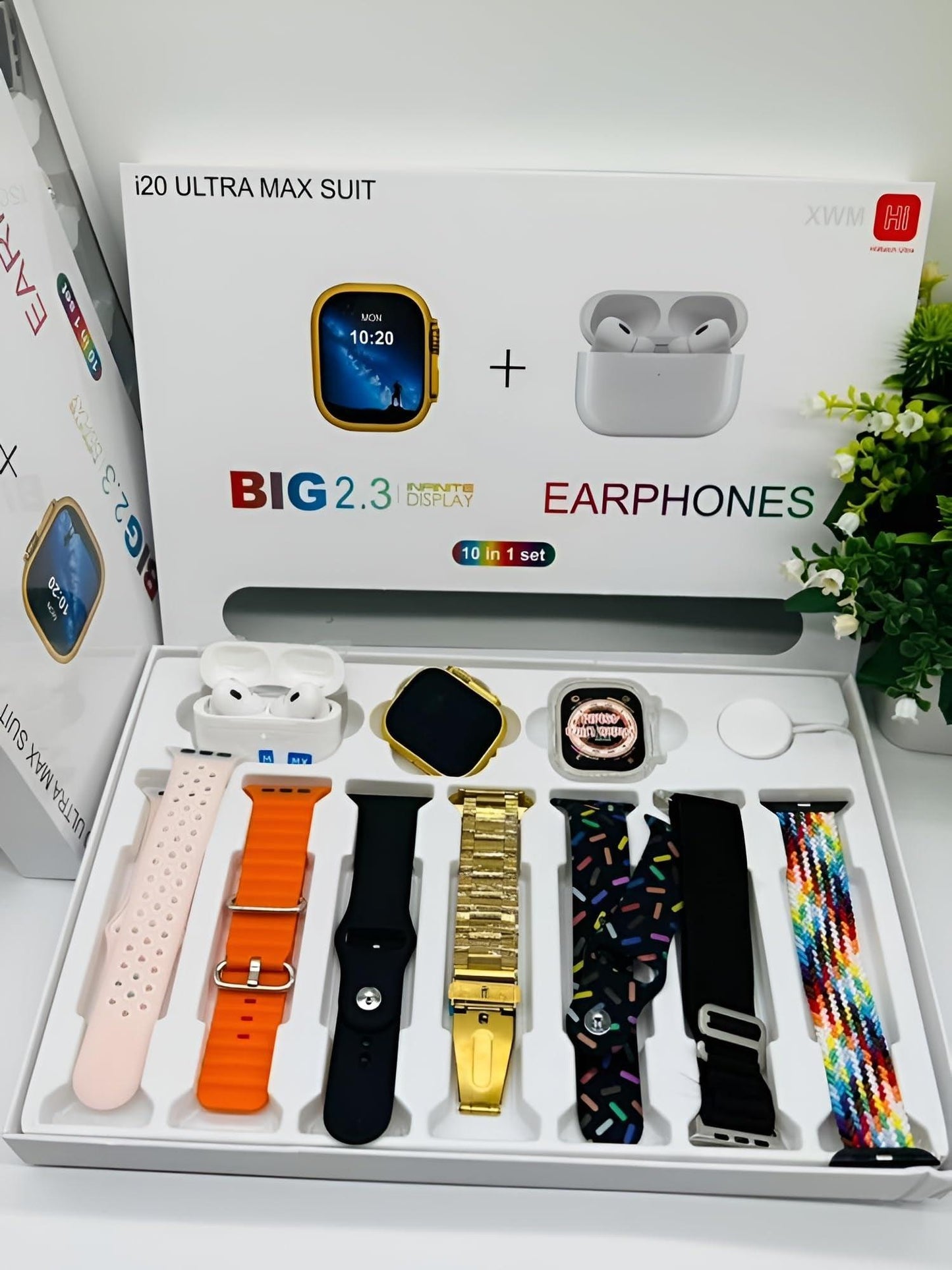 I20 Ultra Max suit Smart Watch 10 in 1 box 2.3inch large screen with 7 strips smartwatch With Airpords2 (random color) - MedAir Traders